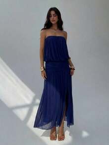 2026 Vestido sin tirantes y sin espalda de color albaricoque para mujer, vestido largo de diseño minimalista con pliegues, vestido fluido, vestido transparente para mujer para primavera y verano, vestido de playa, atuendos de vacaciones en la playa, vestidos de verano amarillo mantequilla para mujeres - Azul marino - Ver 5