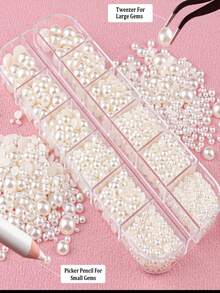 2700 Pcs Flat Back Pearls Kits, 1 Box Of Flatback White+1 Box Of Beige Small Half Round Pearls With Pickup Pencil And Tweezer For Nail Art Face Makeup Graduation Cap Decorations DIY And Craft - Multicolor - View 5