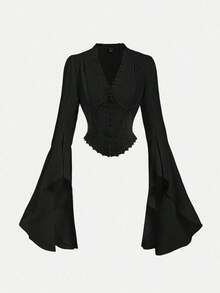 MOD Blusa de manga de campana con recorte de volantes y bloqueo de color para ceñir la cintura de la mujer - Negro - Ver 5