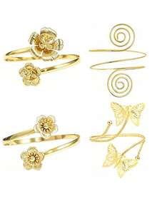 4件組金色上臂袖套 波西米亞風花卉蝴蝶螺旋開口臂環 適合海灘度假 - D035 - 查看 6