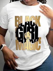 Ropa de talla grande para mujer - Camiseta del Mes de la Historia Negra - Estampado de magia negra de cuerpo entero combinado con llamativas letras doradas y elementos tradicionales afroamericanos - Prenda de manga corta, cuello redondo, casual y elegante, adecuada para eventos culturales, empoderamiento y para resaltar la excelencia africana. - Blanco - Ver 5
