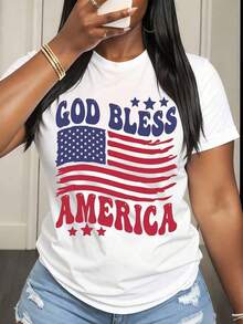 Camiseta de Mujer con Estampado de la Bandera de Estados Unidos "God Bless America", Ropa Patriótica para Celebración del Día de la Independencia y Fiesta del 4 de Julio - Blanco - Ver 6