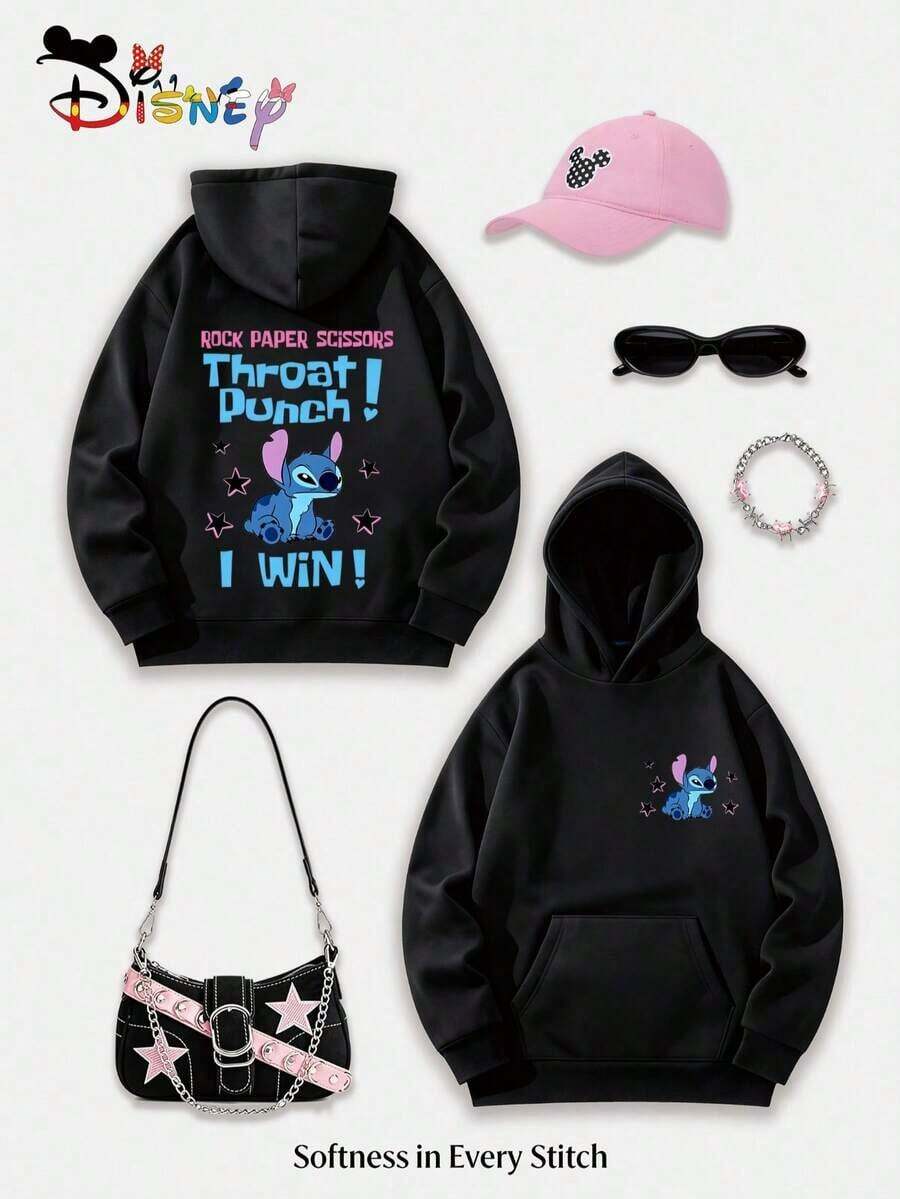 Disney Lilo & Stitch Y2K Print Sweatshirt "Throat Punch I Win!" A Fun, Loose-Fitting Top With A Casual Print, Perfect For A Versatile Holiday Gift. (Women's Autumn/Winter Clothing/Elegant Women's Outfits/Patterned Hoodies/Printed Tops/Casual Outfits For Women/Women Trending Now/Holiday Co-Ord/Plus Size Friendly) - màu đen - Xem 1