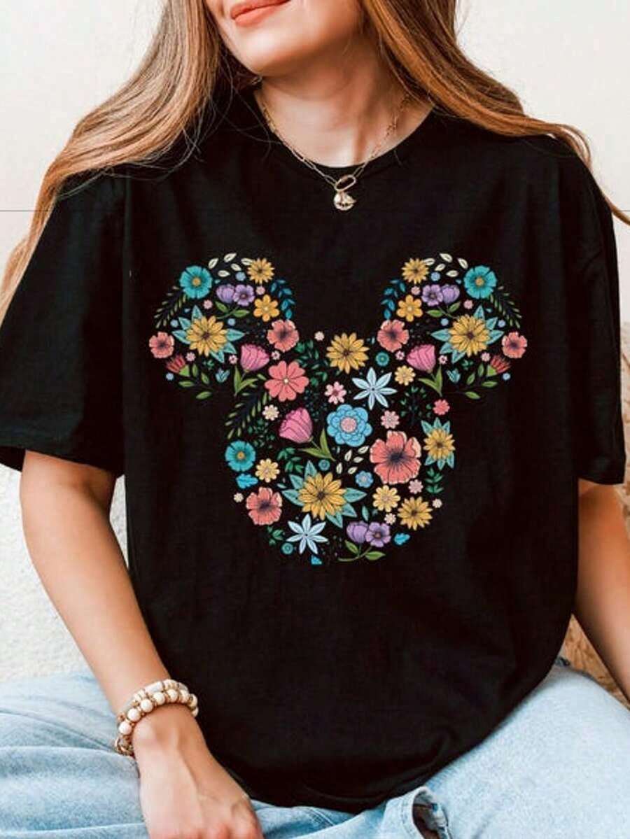 Floral Print T-Shirts, Theme Park T-Shirts, Garden Festival T-Shirts, Futurama Floral T-Shirts, Casual & Relaxed Fit Clothing - 黑色 - 查看 1