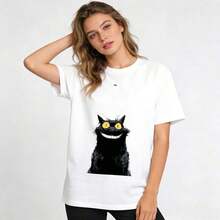 Camiseta Casual de Algodón de Manga Corta para Mujer con Estampado de Gato Negro de Dibujos Animados, Cuello Redondo, Estilo Oversize Streetwear Adecuado como regalo. playera de mujer. blusas>elegantes. boho chic,Top de mujer suave, transpirable y cómodo, ideal para primavera, verano y otoño, perfecto para vacaciones, viajes y uso diario. - Blanco - Ver 6