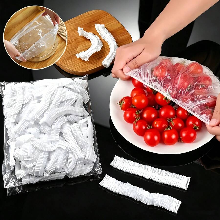 500片加厚塑膠保鮮膜，透明可拉伸，適用於剩菜、水果和蔬菜，適合廚房冰箱與檯面，廚房收納盒與容器，廚房用品 50/100/300/500片