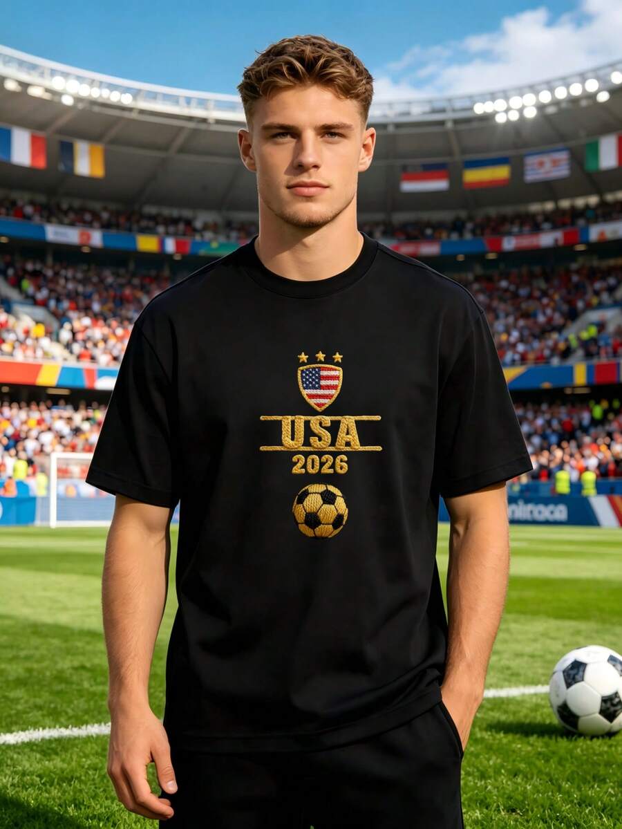 1 pieza [Autorizado por la ] Camiseta de hombre para la Copa Mundial  2026, con estampado y bordado de la bandera de Estados Unidos, estrellas y balón de fútbol, cómoda y versátil, adecuada para el transporte diario, reuniones informales, atuendos para la Copa Mundial y deportes al aire libre, 180g, 100% algodón. - Negro - Ver 1
