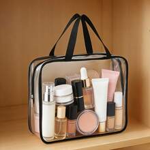 1pc Large Transparent Plastic Storage Bag With Zipper And Handle, Multi-Functional Organizer For Travel, Clothing And Toiletries, Easy-To-Identify Home And Office Storage Basket - Transparent - View 2
