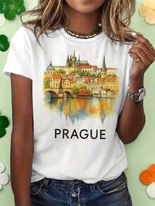 1 Pieza de Camiseta Estampada de Moda Casual para Hombres y Mujeres, Camiseta de Mujer con Diseño de la Ciudad de Praga en Acuarela, Camiseta Gráfica de Recuerdo de Viaje, Cuello Redondo Casual de Manga Corta, Top Versátil para Vacaciones Europeas, fácil de combinar, para uso diario, estilo urbano, ropa de vacaciones, ropa de fin de semana. - Blanco - Ver 7