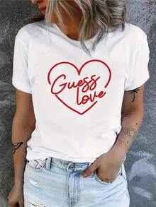 Camiseta de mujer de algodón, manga corta cuello redondo, diseño de corazón rojo con frase  Love, estilo juvenil  México - Blanco - Ver 5