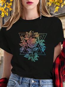 ¡Oferta por tiempo limitado, unidades limitadas,  relámpago! Camisas casuales para mujer, camisetas de poliéster para mujer, camisas elegantes. Camiseta de mujer con estampado de rosas geométricas multicolores y laberinto hebreo: cuello redondo suave, mangas cortas, prenda informal, apta para todas las estaciones, atuendo cultural . - Negro - Ver 7