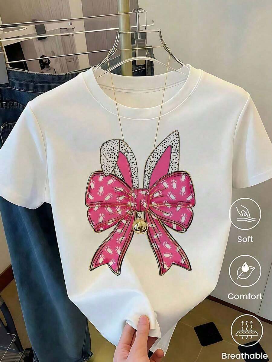 Women's White T-Shirt With Rabbit Ears And Paws In Leopard Print, Fashionable Animal Print Tee, Casual Summer Blouse With Cute Bunny Design, Aesthetic And Fun Top For Everyday Wear Or As A Gift - Pure-Cotton - 白色5 - 查看 1
