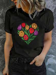 Camiseta de manga corta estampada para mujer con cuello redondo, moderna y casual, lavable a máquina, ajuste cómodo. Blusas para mujer casual. - Negro_07 - Ver 7