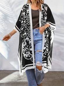 Floral Print All-Over Print Vacation Beach Kimono Cover-Up - Black - View 2