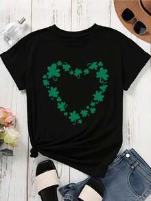 Camiseta con Estampado de Trébol en Forma de Corazón, Negra, para Celebración del Día de San Patricio, Top Casual para Mujer para Ocasiones Festivas - Negro - Ver 2