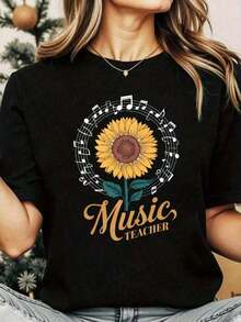 ComfortableCamiseta de cuello redondo para mujer con estampado de girasoles, notas musicales y texto de profesor de música, manga corta, ropa casual para atuendos diarios y regalos. Adecuada - Negro - Ver 11