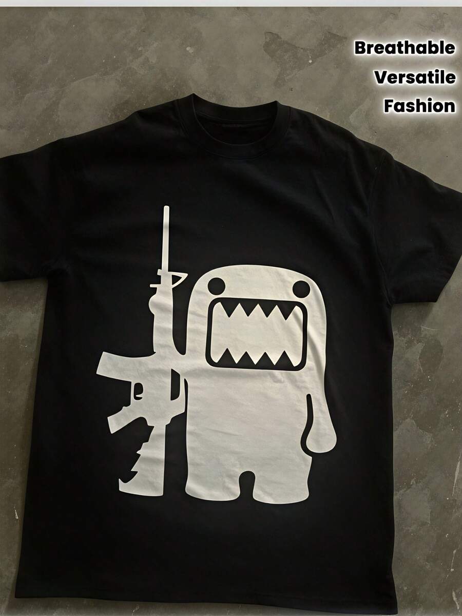 Camiseta de moda para mujer con mangas cortas y estampado de dibujos animados, top de cuello redondo con mangas cortas, suave y transpirable, versátil, adecuado para uso diario, esencial para mujeres conscientes de la moda. - Negro - Ver 1