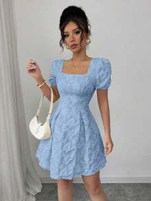 Vestido de mujer elegante de cuello cuadrado con mangas abullonadas y estampado jacquard de unicolor - Azul - Ver 4