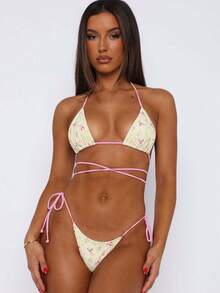 2026 New Bikini Print Color-Block Tie-Up Swimsuit For Women - Printed Yellow - View 1