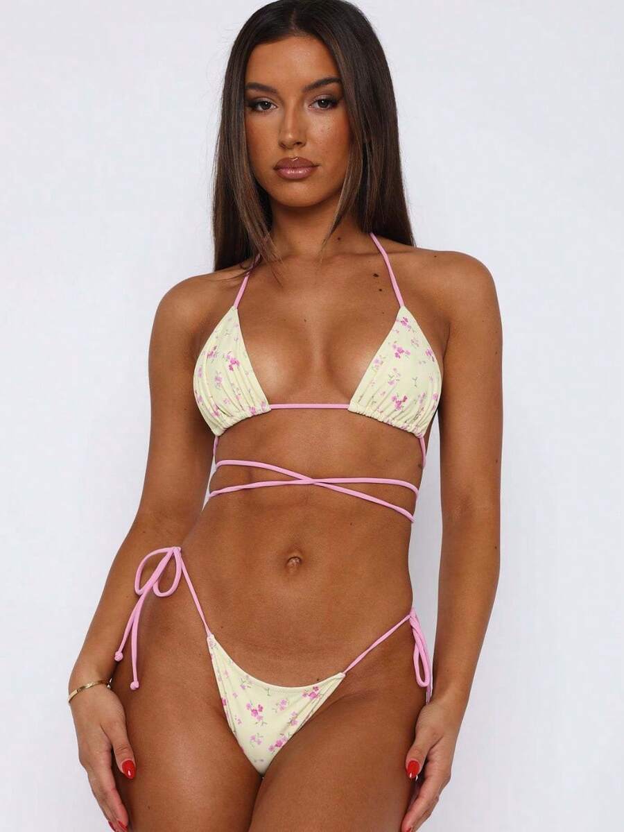 2026 New Bikini Print Color-Block Tie-Up Swimsuit For Women - Printed Yellow - View 1