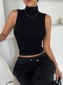 Camiseta de mujer de cuello alto con ajuste ceñido, camiseta sin mangas tipo tanque con estilo Y2K - Negro 10 - Ver 8