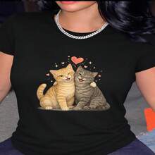1 Piece Of 100% Cotton Cropped T-Shirt, Casual Round Neck With Print, Adorable Cat Friend To Hug In An Instant, Breathable Short Sleeve For Everyday Wear - 黑色 - 查看 2