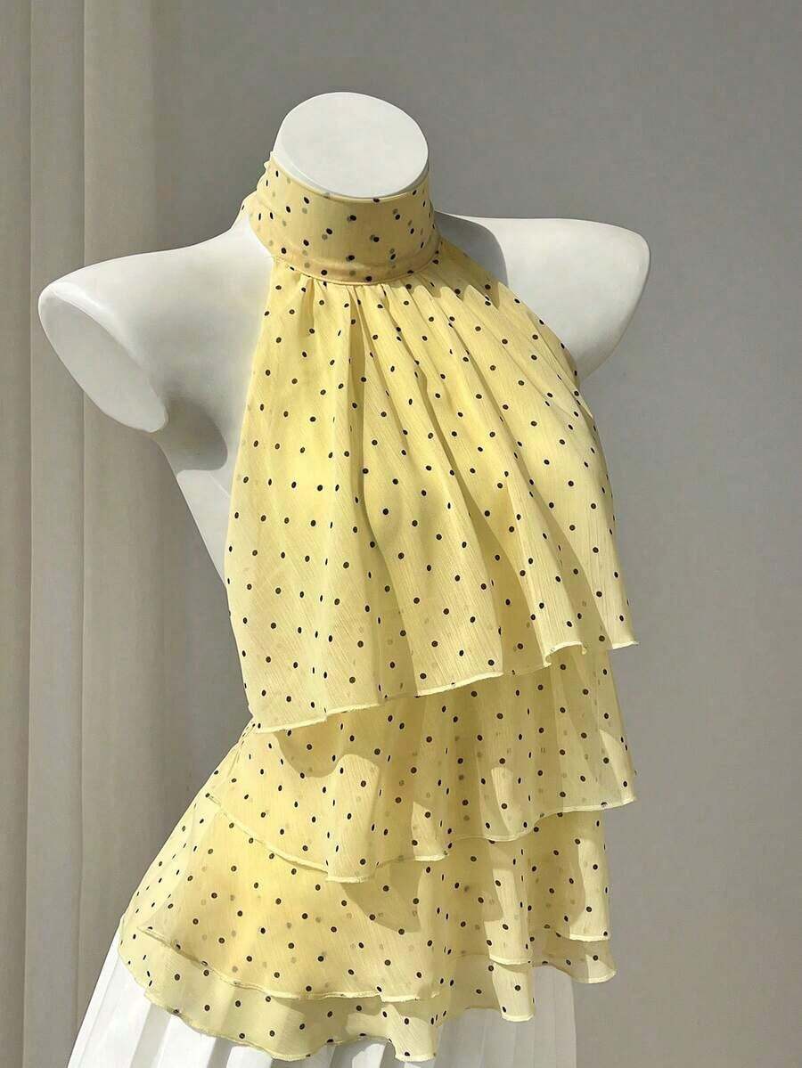 Blusa con cuello de volantes y estampado de lunares para mujer - Amarillo - Ver 1