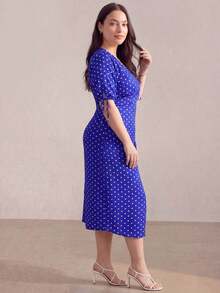 ELLERISSA Vestido midi envolvente con mangas abullonadas elegantes para mujer, vestido ajustado de lunares azules con cuello en V, vestido formal, vestido de fiesta, vestido de trabajo, vestidos talla grande para mujer, atuendos de oficina, atuendos de vacaciones para mujer, vestido midi, ropa formal para ocasiones - Multicolor - Ver 3