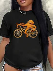 A Lightweight And Durable T-Shirt Featuring An Octopus Riding A Bicycle, Perfect For Lounging At Home, In A Café, Or For Outdoor Activities. This Fun Design Is Suitable For Adults, Comfortable And Fitted, And Machine Washable. - 黑色 - 查看 7