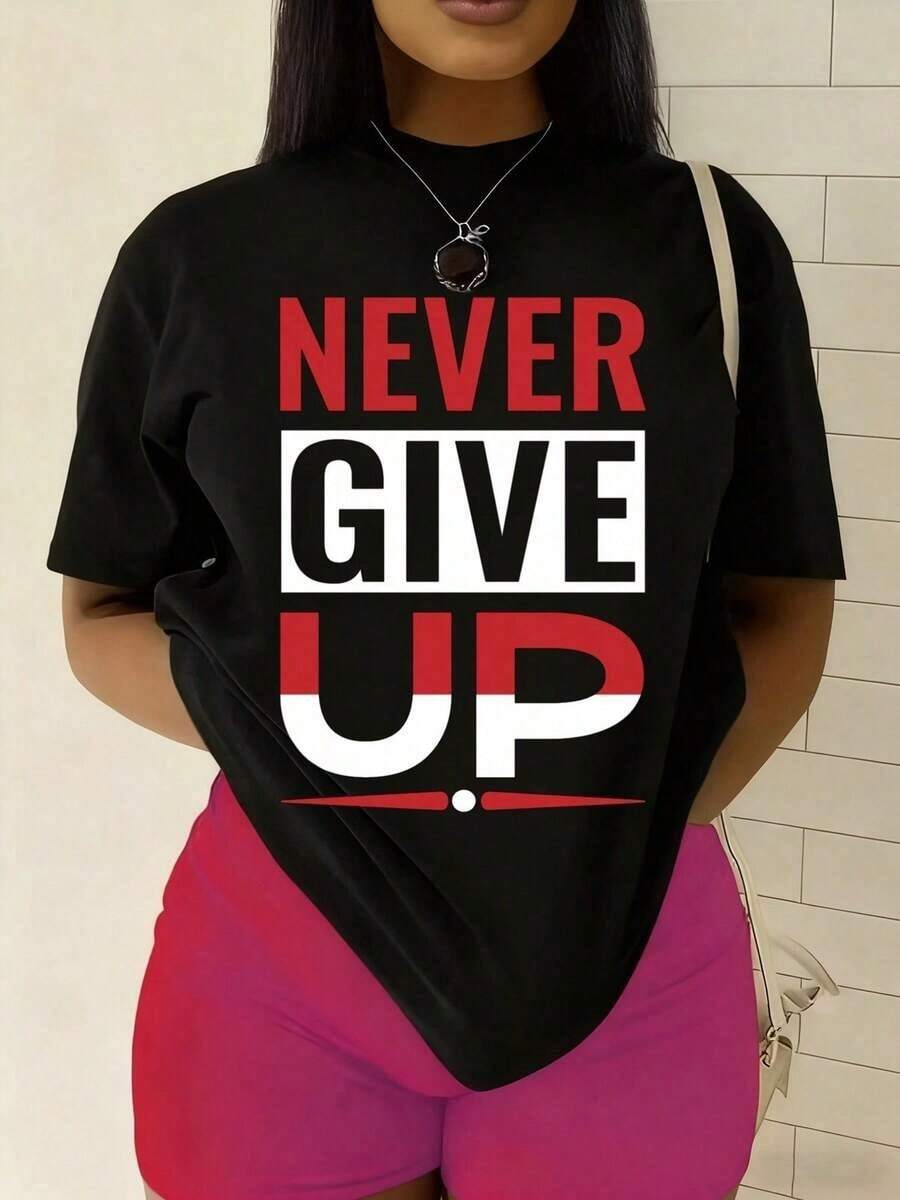 Camiseta única Never Give Up diseño Y2K para hombre y mujer estilo urbano ideal para mostrar tu actitud positiva y motivación en cualquier ocasión complemento perfecto para tu guardarropa casual y moderno - Negro - Ver 1