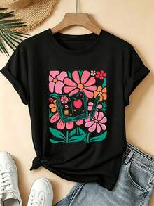 Una camiseta de manga corta para mujer, moderna, a la moda, retro, casual y holgada, adecuada para actividades al aire libre en primavera y verano, con un diseño floral y de libros.Es una camiseta de marca moderna y a la moda para mujeres, ideal para fiestas de verano, viajes, uso diario casual, holgada y transpirable, adecuada para deportes al aire libre y es un excelente regalo para las vacaciones.Es lavable a máquina.blusas para mujer,blusas casuales para dama,tops,, mujer premium,y2k,playeras de mujer curvy,ofertas y liquidaciones ropa mujer,playeras deportivas para mujer,,playeras de hombre, mujer,blusas>elegante EAEZ - Negro - Ver 1