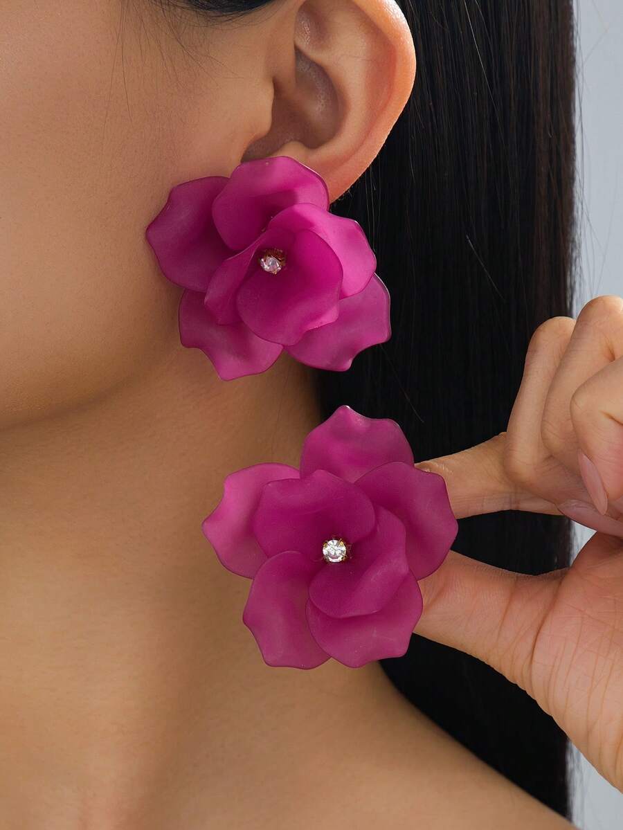 1 par de pendientes de botón con forma de flor rosa brillante de gran tamaño, estilo retro, elegantes y lujosos, para mujer, para vacaciones de verano en la playa - rosa rosa - Ver 1