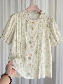 Blusa floral de verano para mamá - Top con mangas abullonadas y botones frontales, ideal para vacaciones, uso diario y reuniones familiares (BaoLianDuo) - Verde - Ver 4
