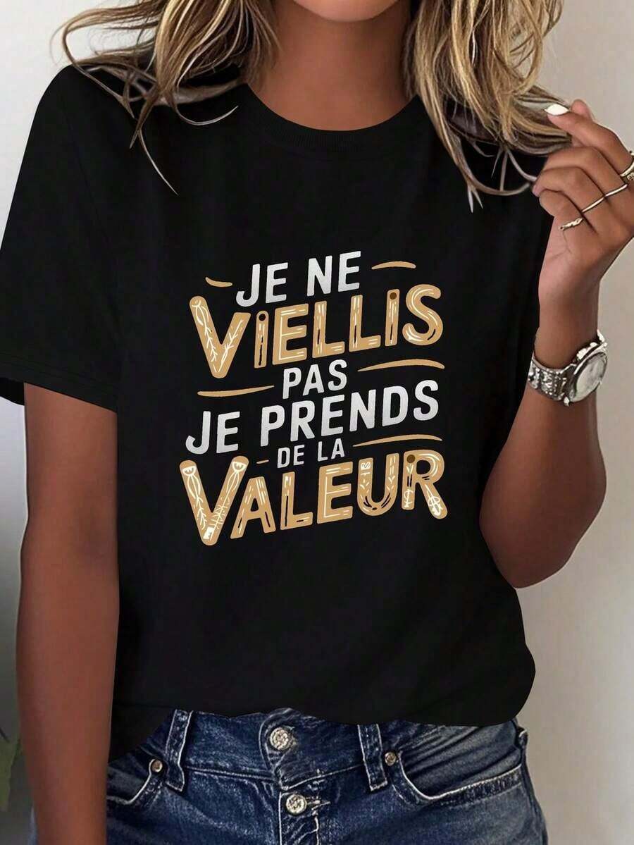 Camiseta Casual Vintage para Mujer con Texto Francés - Cuello Redondo, Manga Corta, Ajuste Cómodo, Patrón Geométrico, Tela Suave y Transpirable, Perfecta para Atuendos Casuales, Top para Todas las Temporadas | Camisa Vintage con Texto Francés | Camisa de ajuste cómodoFashion - Negro - Ver 1