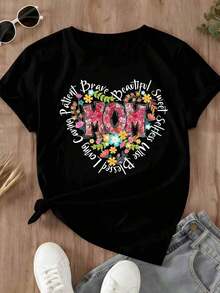 Camiseta de Cuello Redondo para Mujer con Estampado Floral de Corazones y Frases como "Paciente, Valiente, Hermosa, Dulce, Abnegada, Amante, Cariñosa, Bendecida, Linda" para Regalo del Día de la Madre - Negro - Ver 2