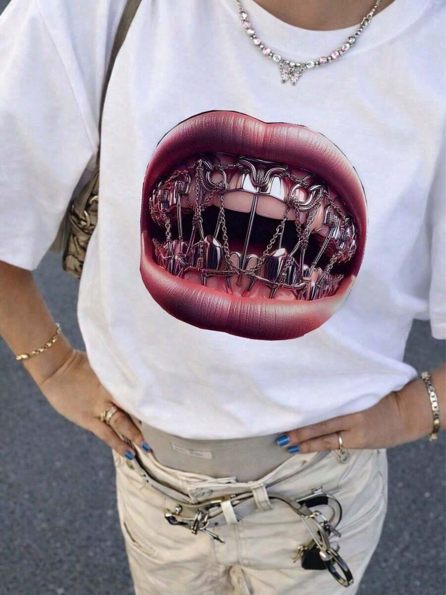 Women's Clothing Y2K Cotton Short Sleeve T-Shirt With Funny Slogan Graphic Print, Round Neck, Regular Fit, Women's Shirts - 白色 - 查看 1