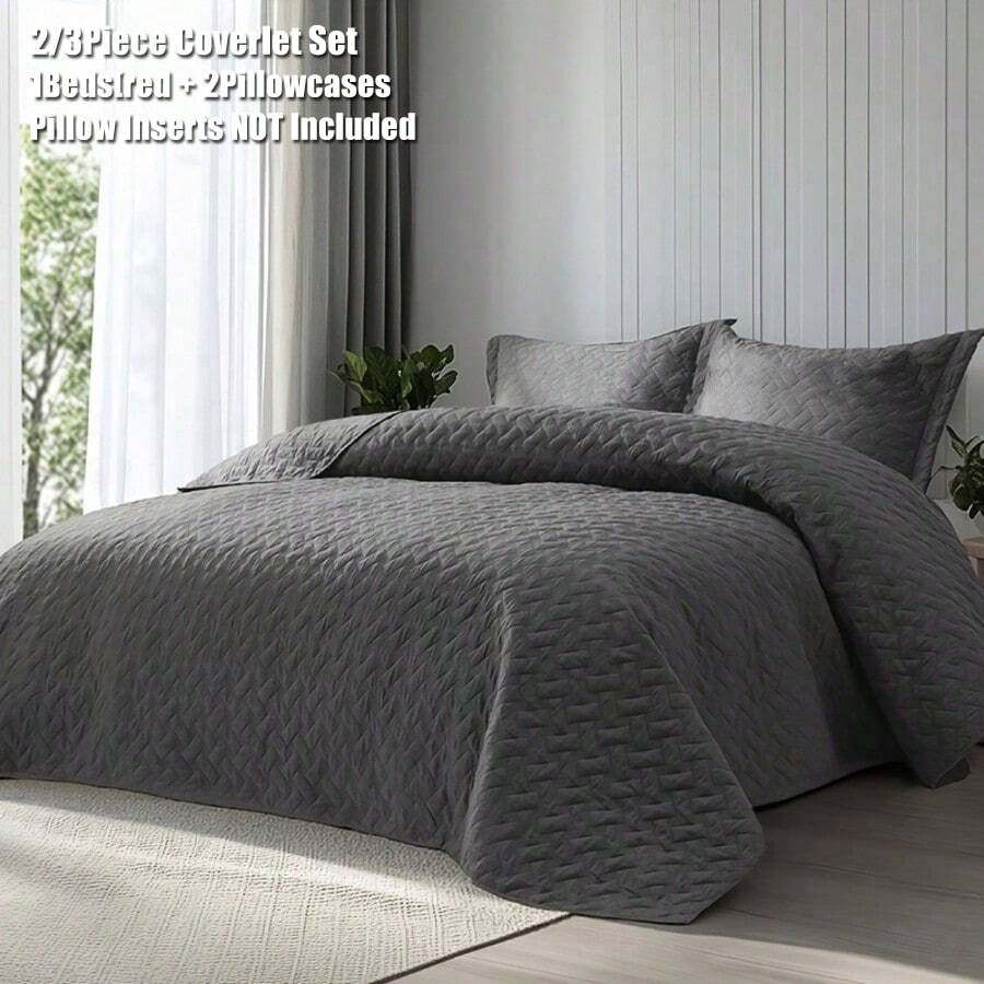 2/3Pcs Quilted Summer Quilt Set, Solid Grey Lightweight Bedspread Coverlet, Soft Breathable Air Conditioned Quilt, Machine Washable Bedding Set For All Season, Twin/Full/Queen/King Size - 深灰色 - 查看 1