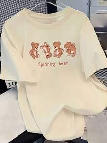 Camiseta de Manga Corta para Mujer, 100% Algodón, Versátil, con Estampado de Oso Marrón, Estilo Casual y Moderno - Albaricoque - Ver 6
