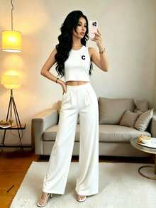 Conjunto de chaleco y pantalones a rayas casuales con cintura para mujer, adecuado para la oficina y el jardín, primavera/verano blanco elegante - Blanco - Ver 2