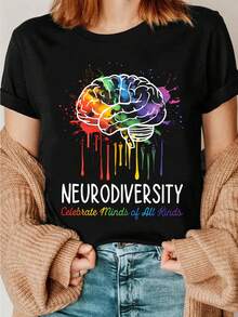 Colorful Brain Print T-Shirt, Neurodiversity T-Shirt, Celebrating Different Ways Of Thinking, Autism Acceptance, Special Education Teacher, Mental Health Awareness T-Shirt, Neurodiversity Support T-Shirt, Autistic Mom T-Shirt, Clothing - 黑色 - 查看 1