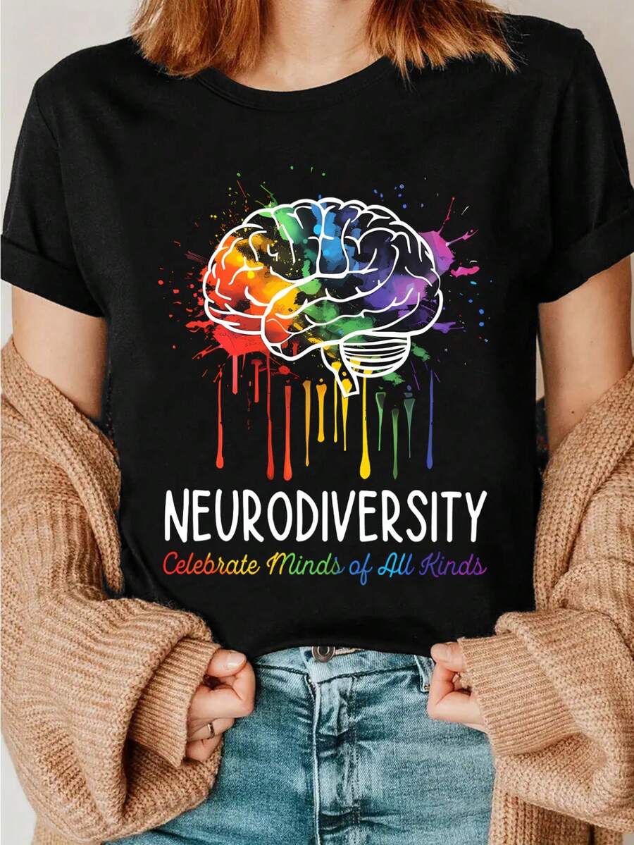 Colorful Brain Print T-Shirt, Neurodiversity T-Shirt, Celebrating Different Ways Of Thinking, Autism Acceptance, Special Education Teacher, Mental Health Awareness T-Shirt, Neurodiversity Support T-Shirt, Autistic Mom T-Shirt, Clothing - 黑色 - 查看 1
