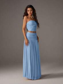 Unity Conjunto de 2 piezas de top corto de bustier de malla de unicolor y falda larga para mujer - Azul - Ver 5