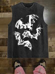 Gothic Bat Skeleton Wings Graphic Washed Sleeveless Tank Top Men, Retro Distressed  Independence Day Of The United States Punk Streetwear Casual Vest - 黑色# - 查看 2