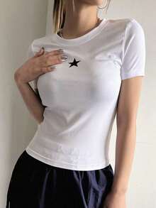 Print T-shirts Promoción de nuevo lanzamiento Camiseta conmemorativa Casual T-shirts for Women Basic T-shirts for Women  Camiseta de mujer con estampado de estrella de manga corta estilo Y2K AAZP - Blanco - Ver 6