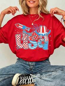 Nueva Camiseta Casual de Algodón de Manga Corta con Cuello Redondo y Estampado Gráfico para Mujer, Estilo Vintage Urbano, Unisex, Holgada, Ideal como Regalo para el Día de la Independencia. - Rojo - Ver 1