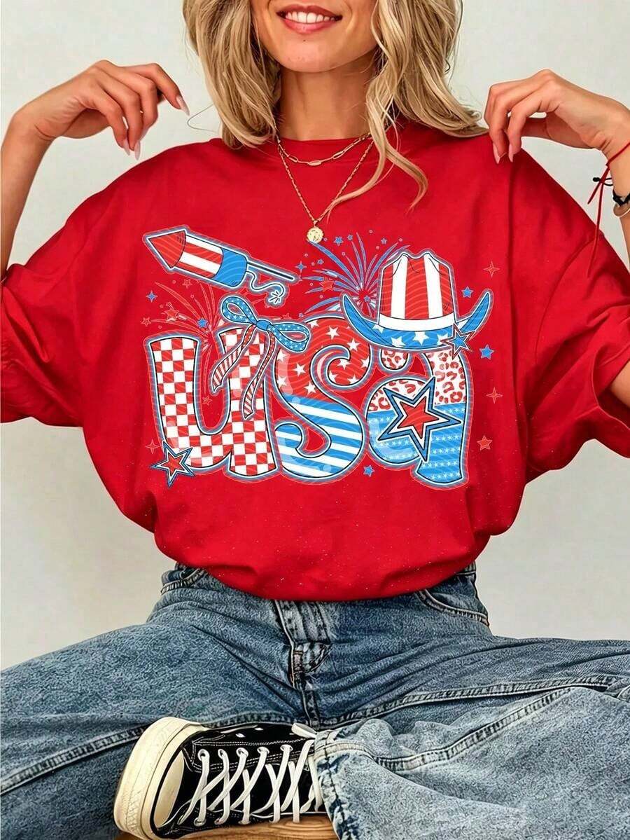 Nueva Camiseta Casual de Algodón de Manga Corta con Cuello Redondo y Estampado Gráfico para Mujer, Estilo Vintage Urbano, Unisex, Holgada, Ideal como Regalo para el Día de la Independencia. - Rojo - Ver 1
