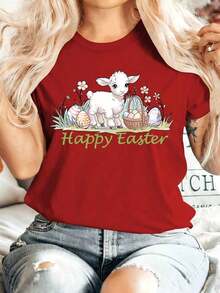 NewSummerCasual[Easter] Ropa de verano para mujer al lado de una cesta de huevos de Pascua, camiseta de manga corta con cuello redondo y estampado de Feliz Pascua, cómoda, suave, a la moda, elegante, para fiestas, vintage, casual, versátil, adecuada para primavera, verano, otoño, invierno, top deportivo. Camiseta de cuello redondo de corte holgado - Estilo callejero vintage - Camiseta unisex de algodón holgada de manga corta con cuello redondo. - Rojo - Ver 6