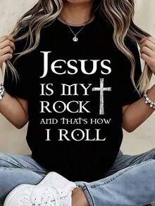 T-Shirt With Jesus Christ With Crown Of Thorns Print, Casual Sporty Style For Women And Men - Unisex Vintage Urban Style, 100% Cotton Short Sleeve Crew Neck T-Shirt - 黑色 - 查看 7