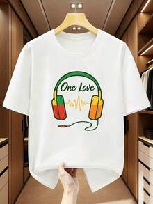 One Piece Of Comfortable And Casual Short-Sleeved T-Shirt For Men And Women, 100% Cotton, With A One Love Headphone Design, Ideal For Summer, Plus Size. Versatile, Easy To Match, Suitable For Everyday Wear, Streetwear, Vacation Wear, Weekend Wear. - [白色的] - 查看 1
