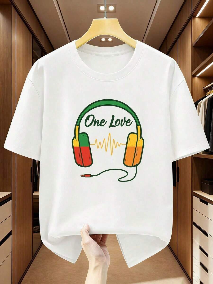 One Piece Of Comfortable And Casual Short-Sleeved T-Shirt For Men And Women, 100% Cotton, With A One Love Headphone Design, Ideal For Summer, Plus Size. Versatile, Easy To Match, Suitable For Everyday Wear, Streetwear, Vacation Wear, Weekend Wear. - [白色的] - 查看 1